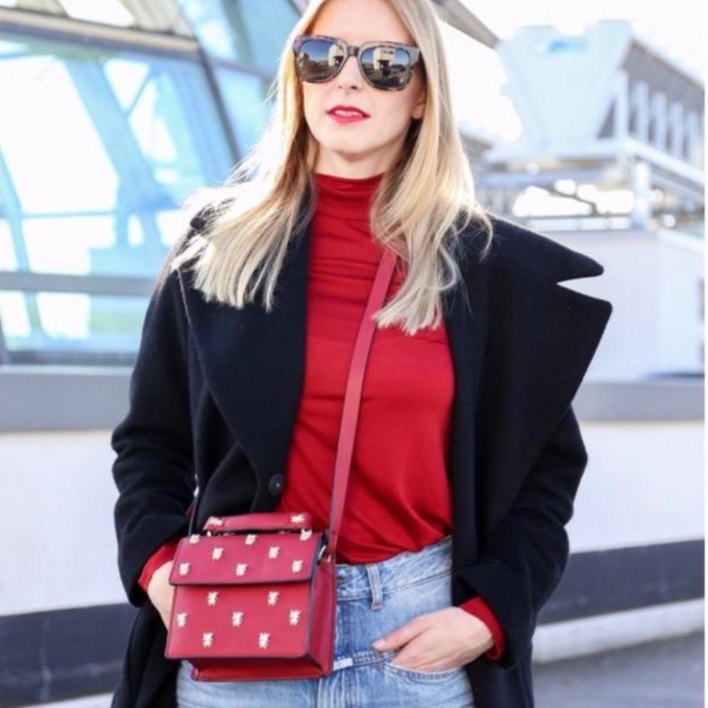 Zara Red Crossbody Bag with Gold Bee Studs and Pom Pom - Picture 2 of 12